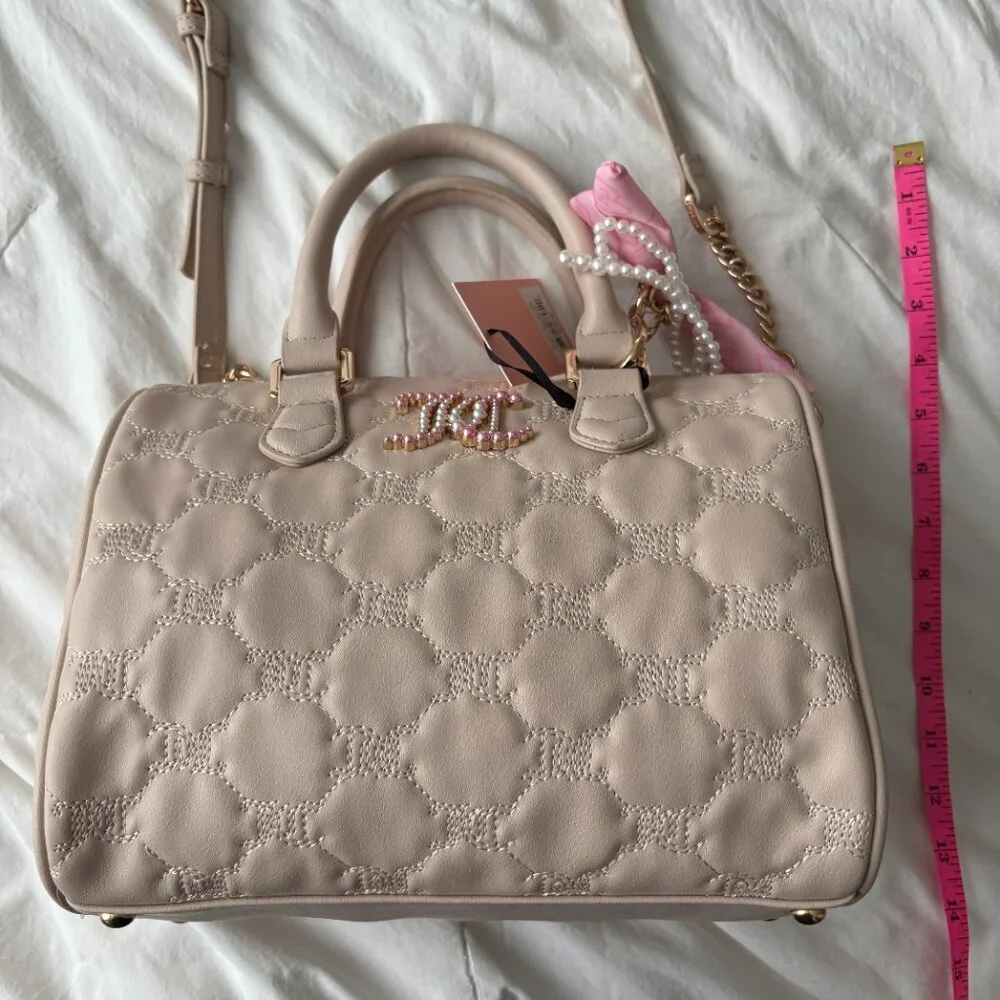 Juicy Couture Tie The Knot Satchel Sandstone Pink Bow Faux Pearl Charm Chic